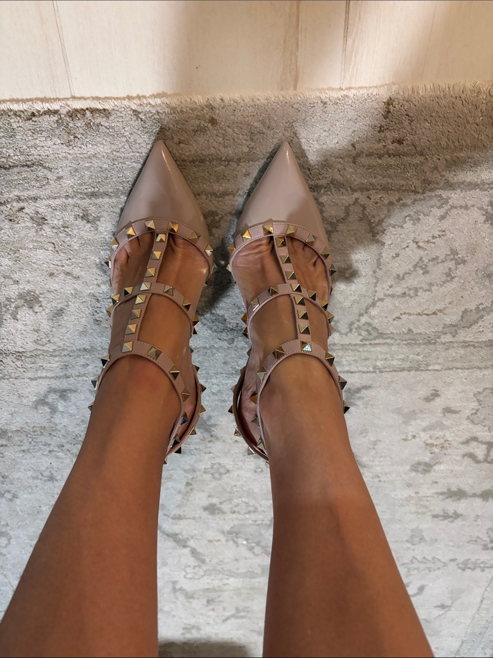 Valentino Garavani Rockstud Patent Leather Pointed Toe Pumps in Blush Pink - Picture 11 of 13